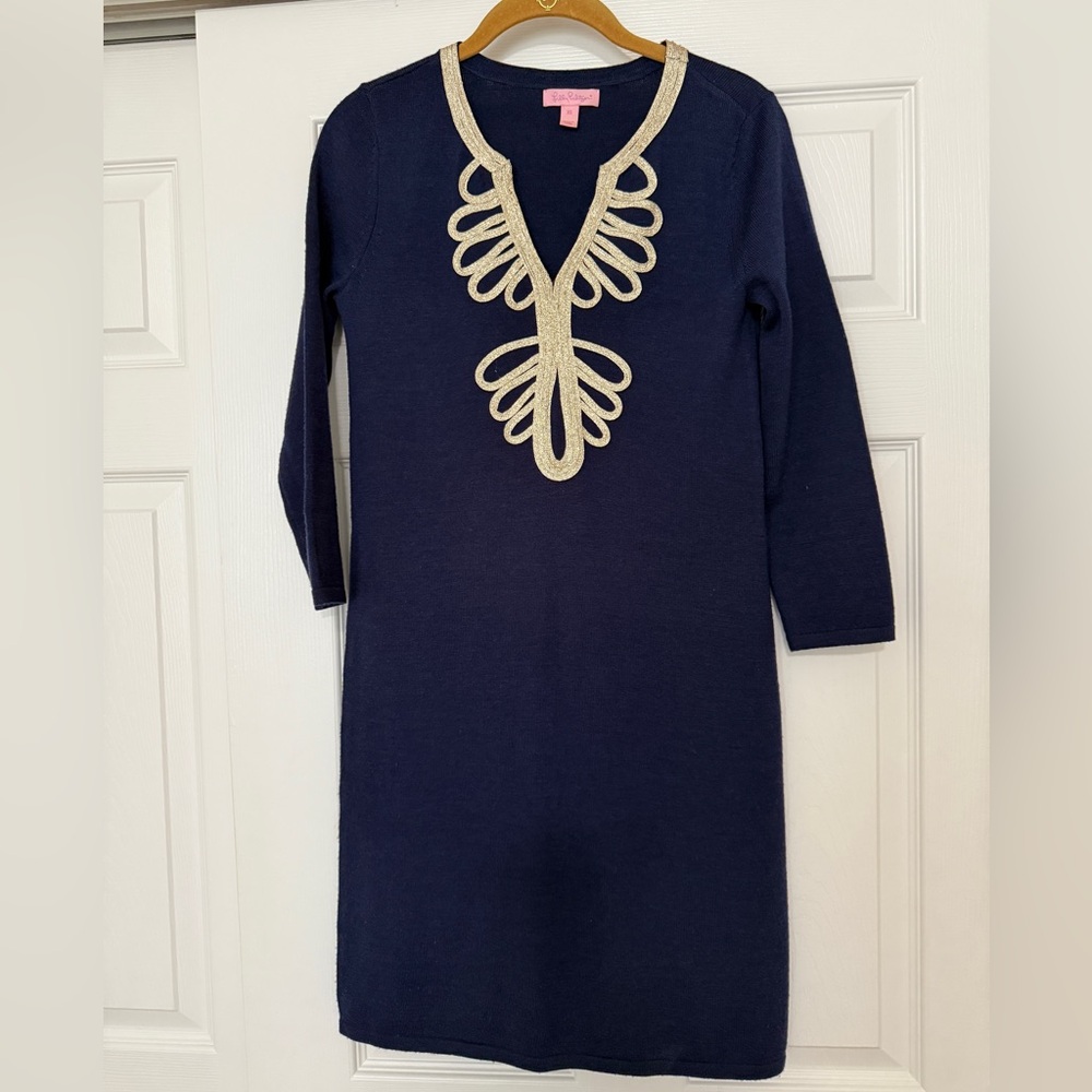 Lilly Pulitzer Devlin Navy Blue 100% Merino Wool Sweater Dress with Gold Accents